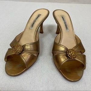 Manolo Blahnik Gold Leather Embellished Slide Sandals